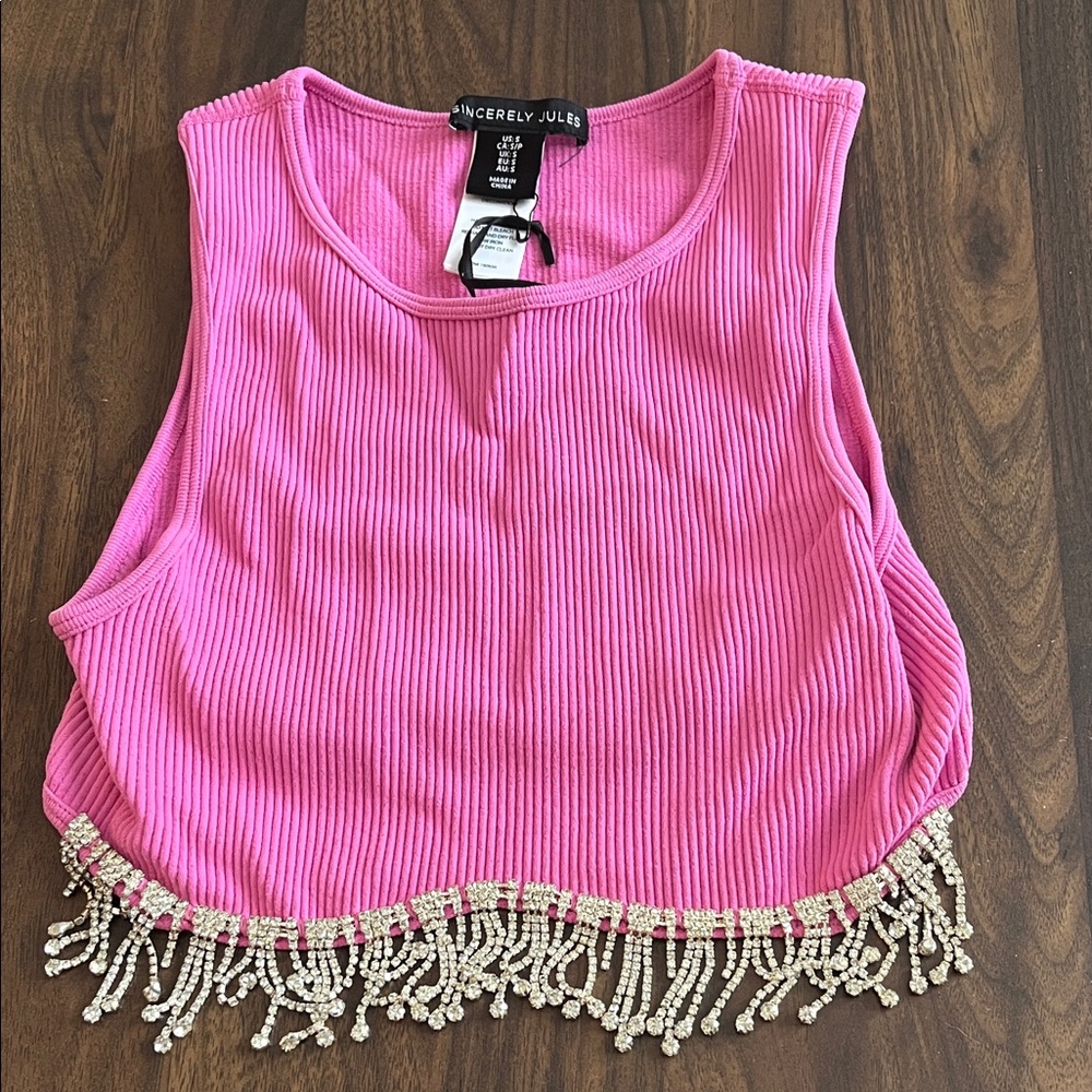 Sincerely Jules Vibrant Pink Beaded Fringe Tank Top
